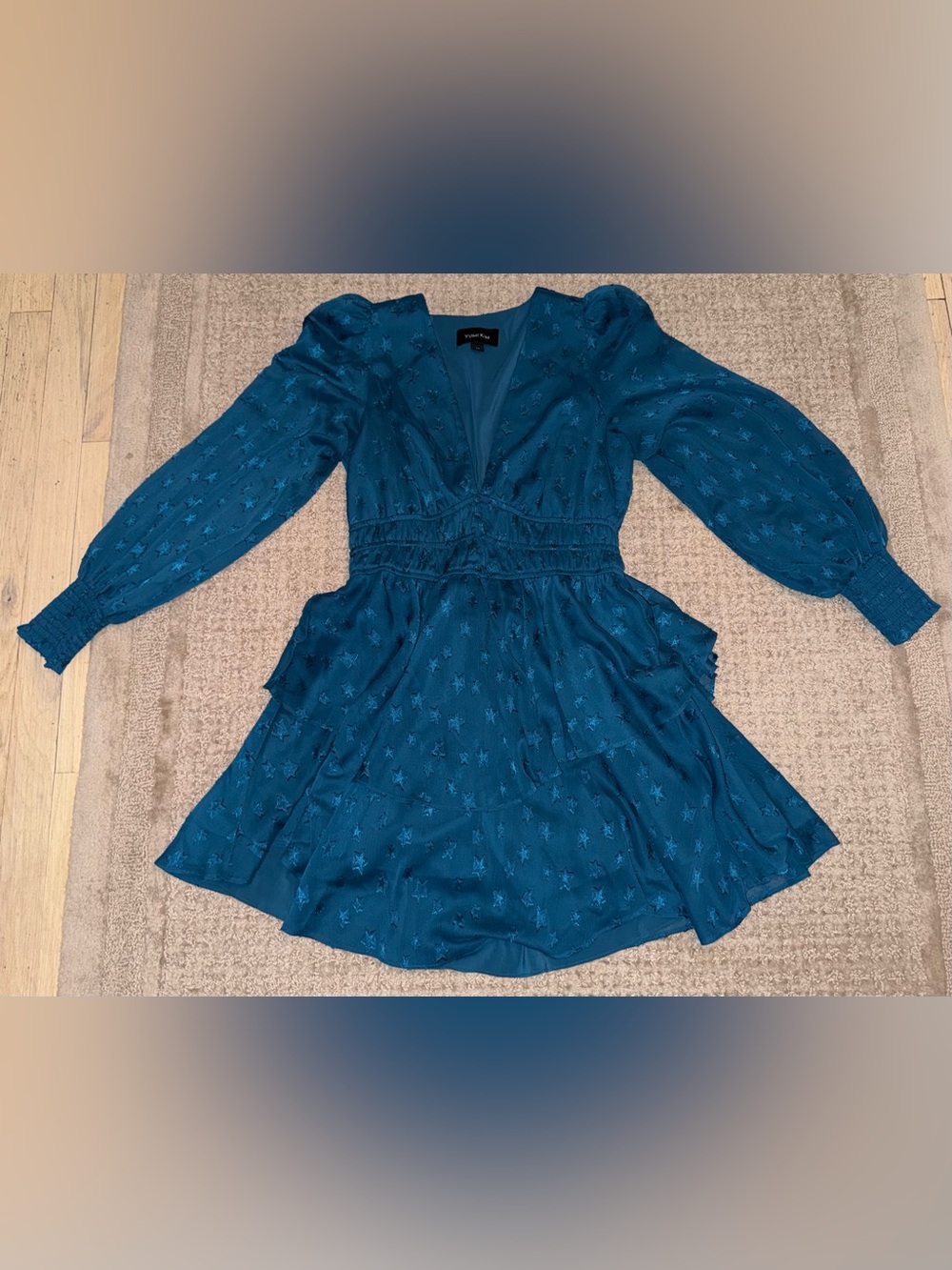 Yumi Kim Starry Sky Jewel Yolanda Dress M medium Teal Blue Star Puff Sleeve